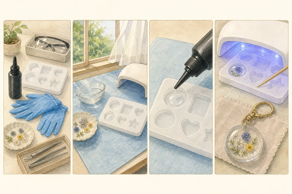 レジンで透明キーホルダーの主な手順を4場面で示したイラスト