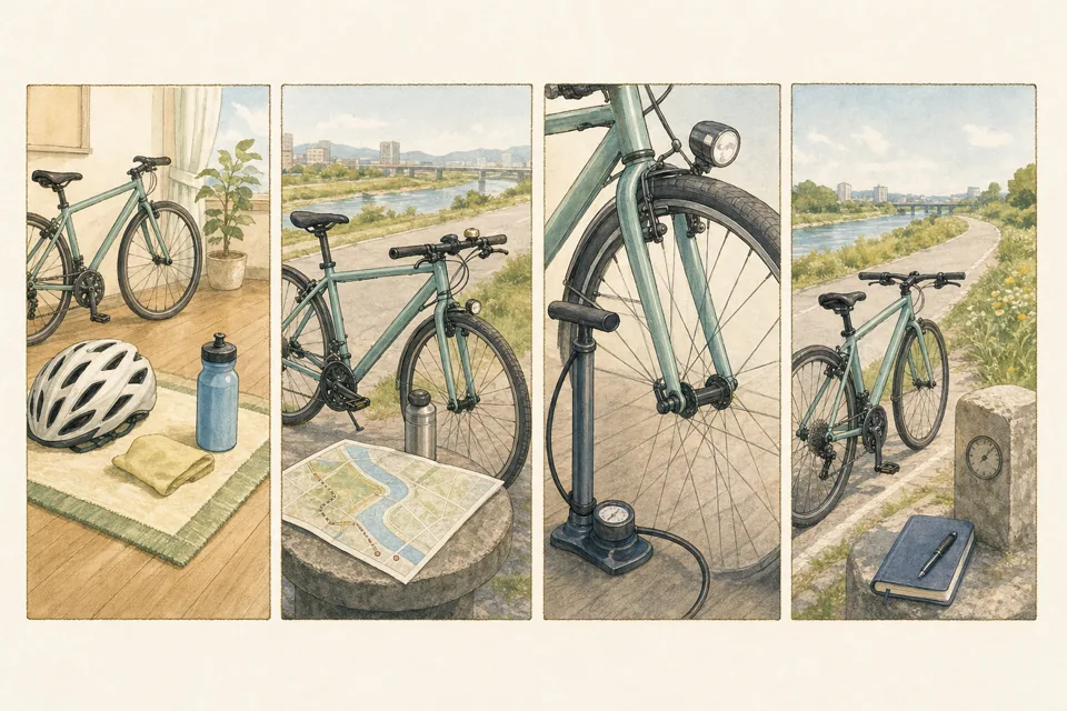 河川敷を30分サイクリングの主な手順を4場面で示したイラスト