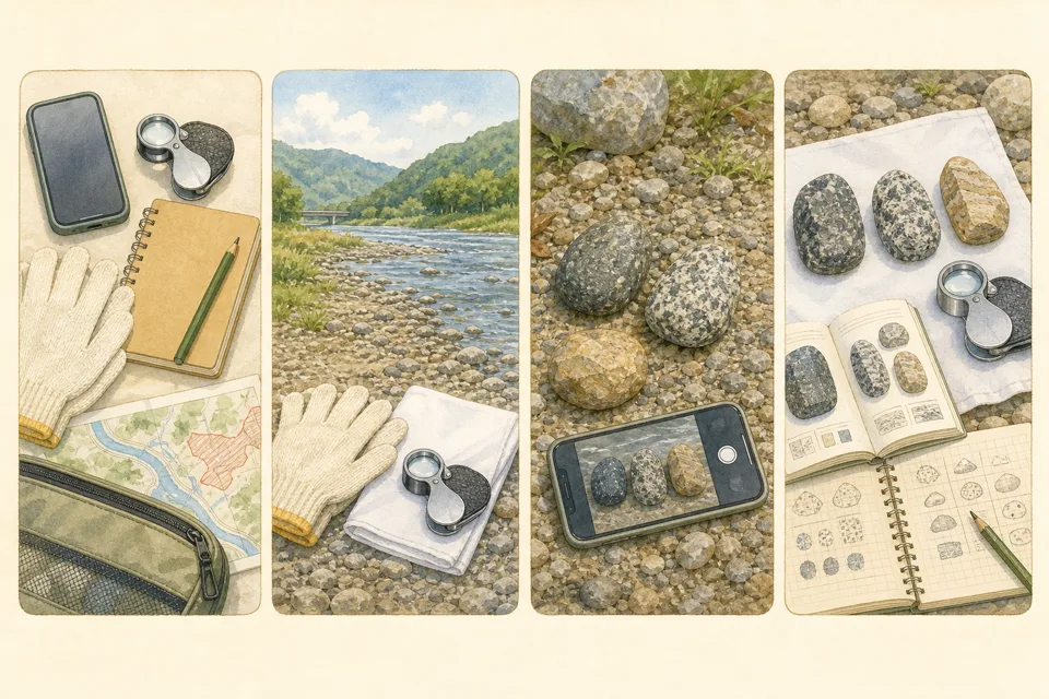 河原の石を見分ける散歩の主な手順を4場面で示したイラスト