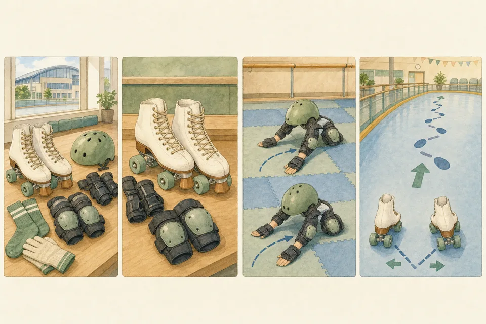 ローラースケート体験の主な手順を4場面で示したイラスト