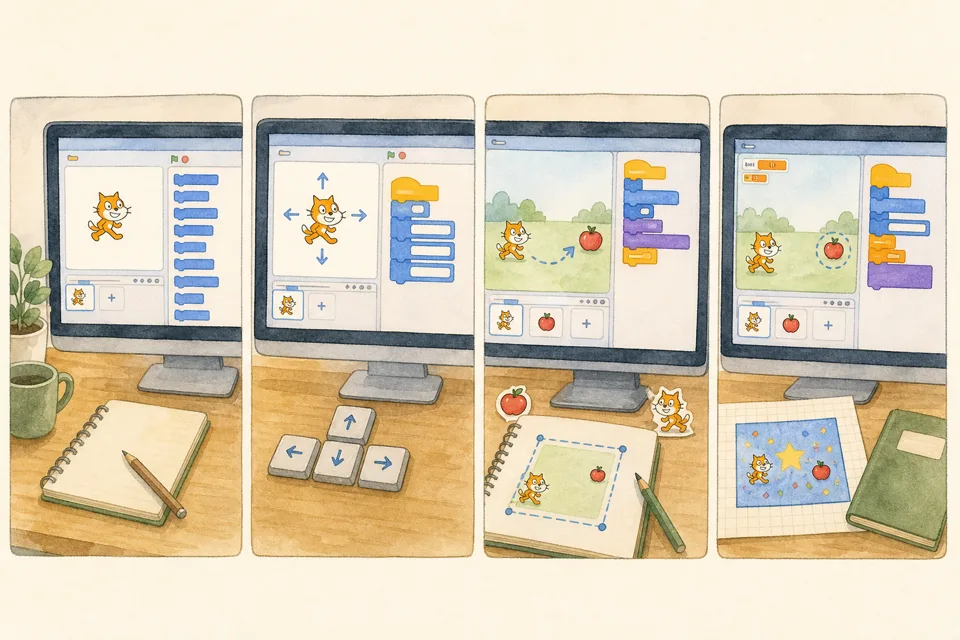 Scratchでミニゲーム作りの主な手順を4場面で示したイラスト