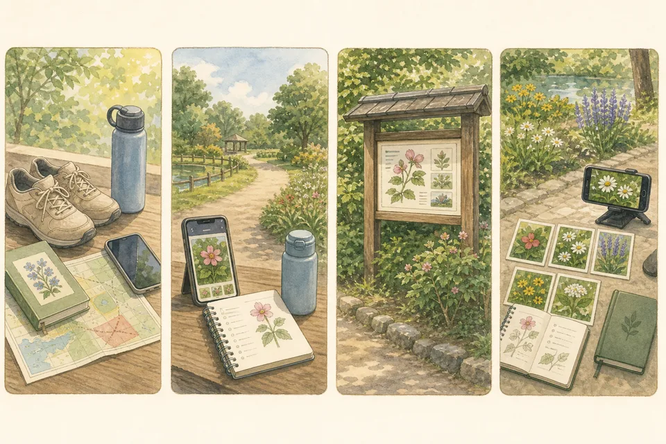 季節の花を探す30分散歩の主な手順を4場面で示したイラスト