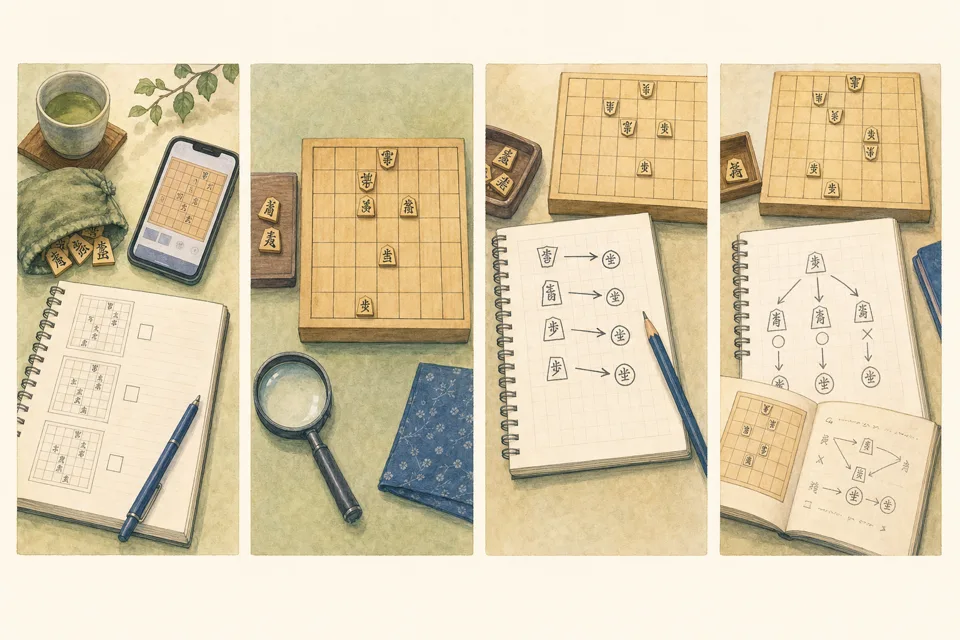 将棋の詰将棋の主な手順を4場面で示したイラスト