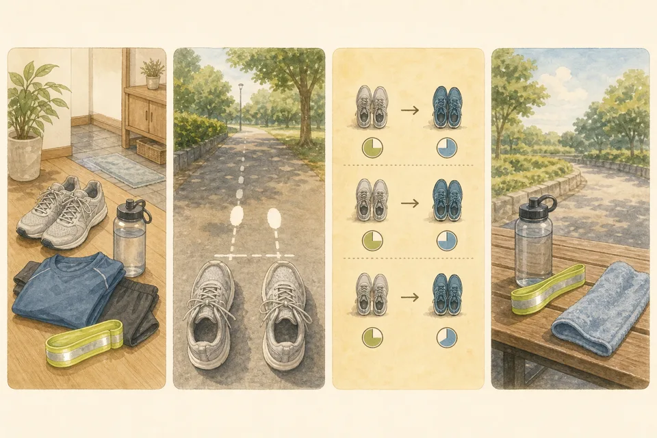 会話できる速さのスロージョギングの主な手順を4場面で示したイラスト