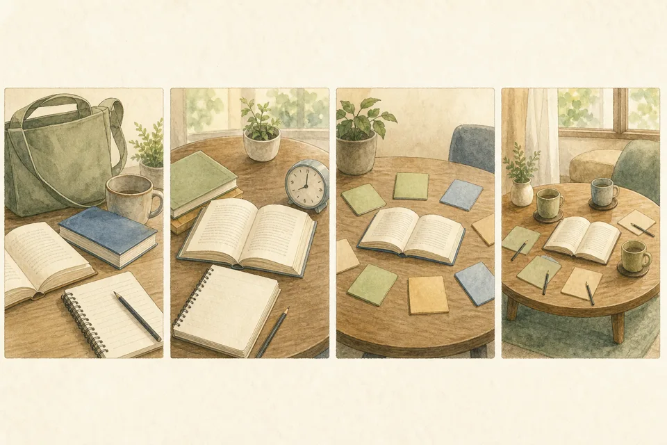 二人から始める読書会の主な手順を4場面で示したイラスト