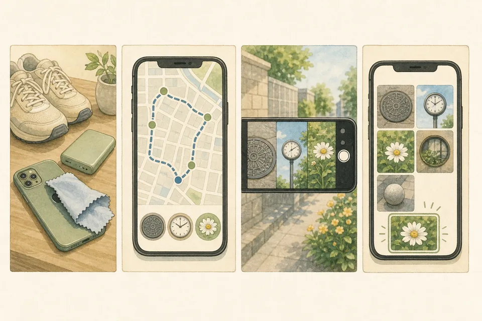 スマホで30分の写真散歩の主な手順を4場面で示したイラスト