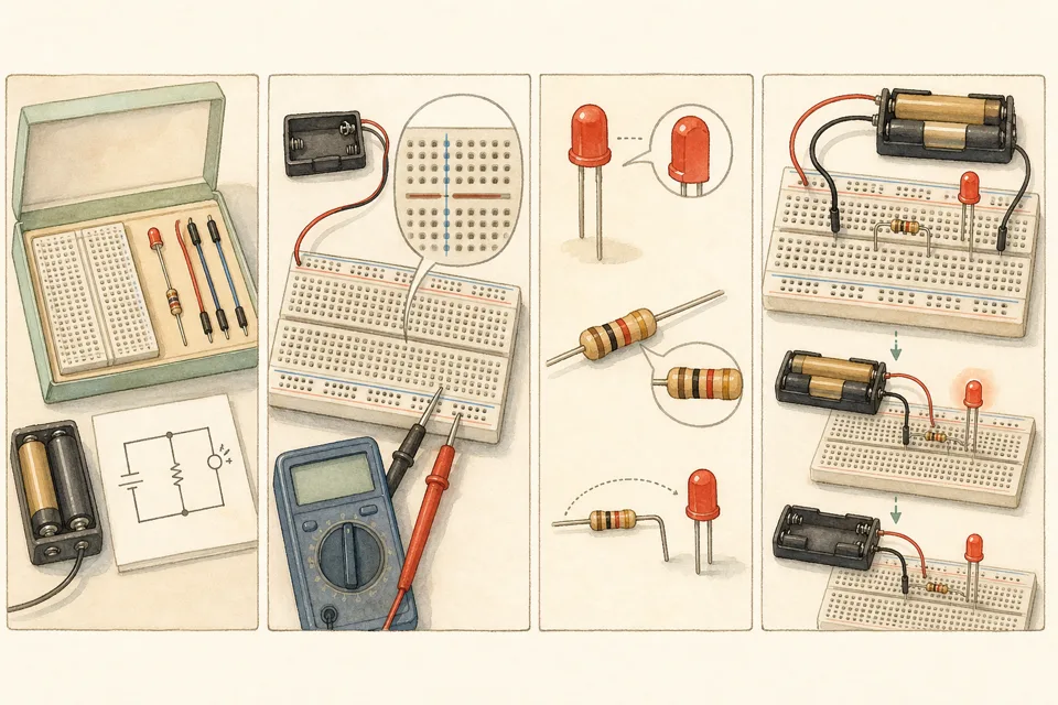 はんだ付け不要の電子工作の主な手順を4場面で示したイラスト