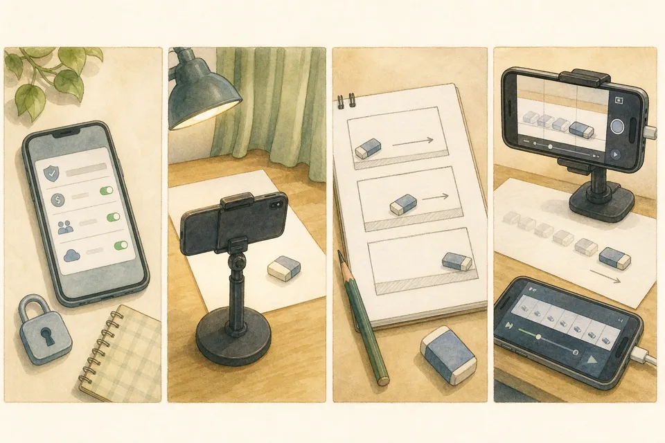ストップモーション動画の主な手順を4場面で示したイラスト