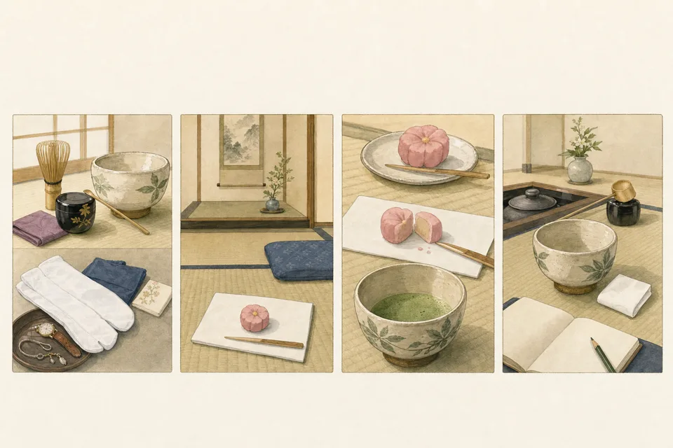 茶道の一服体験の主な手順を4場面で示したイラスト