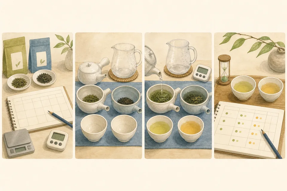 茶葉2種類の飲み比べの主な手順を4場面で示したイラスト