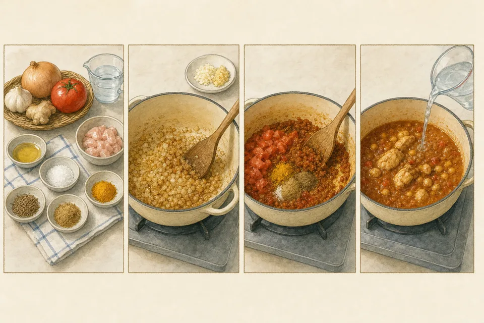 3つのスパイスでカレーの主な手順を4場面で示したイラスト