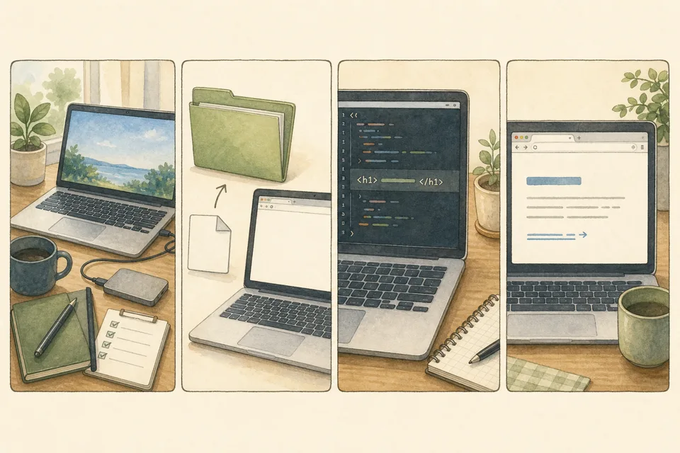 HTMLで自己紹介1ページの主な手順を4場面で示したイラスト