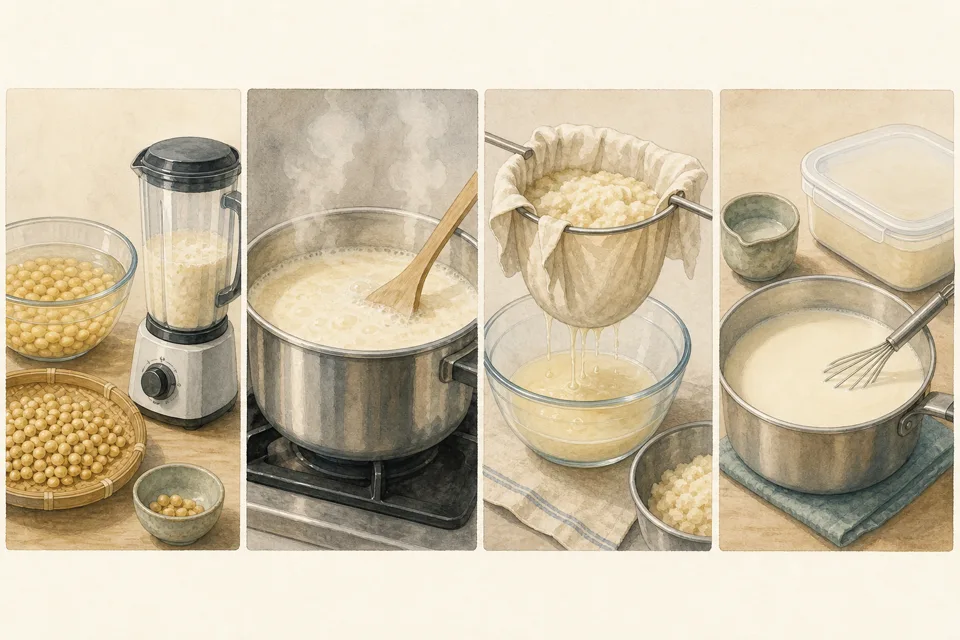 大豆から豆腐作りの主な手順を4場面で示したイラスト