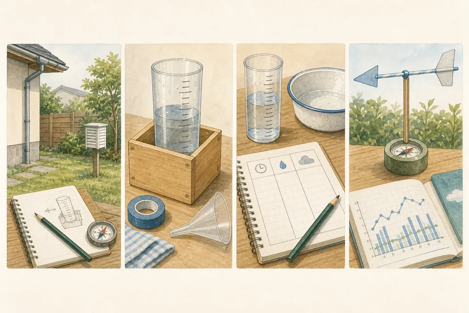 身近な材料で気象観測器作りの主な手順を4場面で示したイラスト